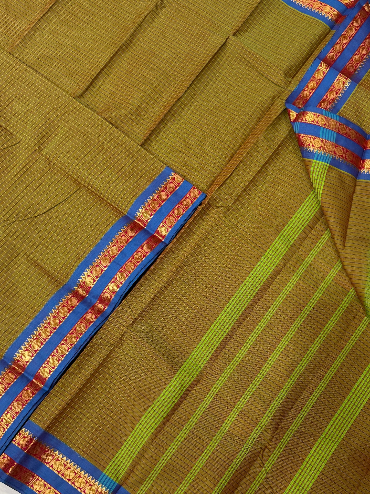 Kanchi soft cotton |zari border X kattam| twotone green X blue