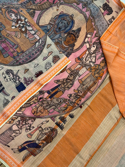 Ponduru feather soft cotton |ramayanam story telling saree | orange x pink