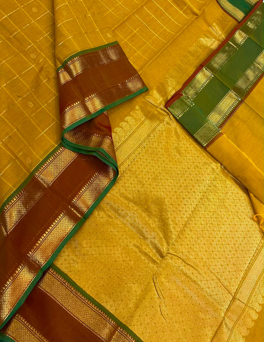 Kanchi mercerdised soft cotton | Zari kattam X Zari rettaipet border | yellow X ganga Jamuna