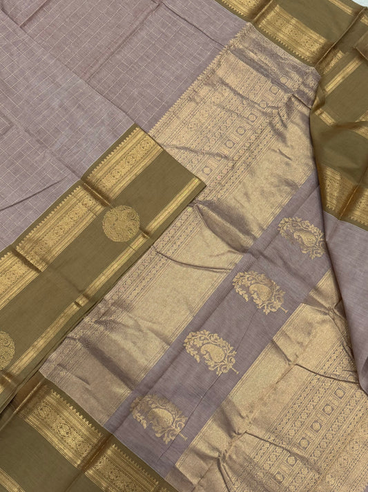 Pure Handloom Kanchi rich Cotton Saree | kattam x Yaanai border X zari | pastel cream X earth green | intricate rich zari woven Pallu