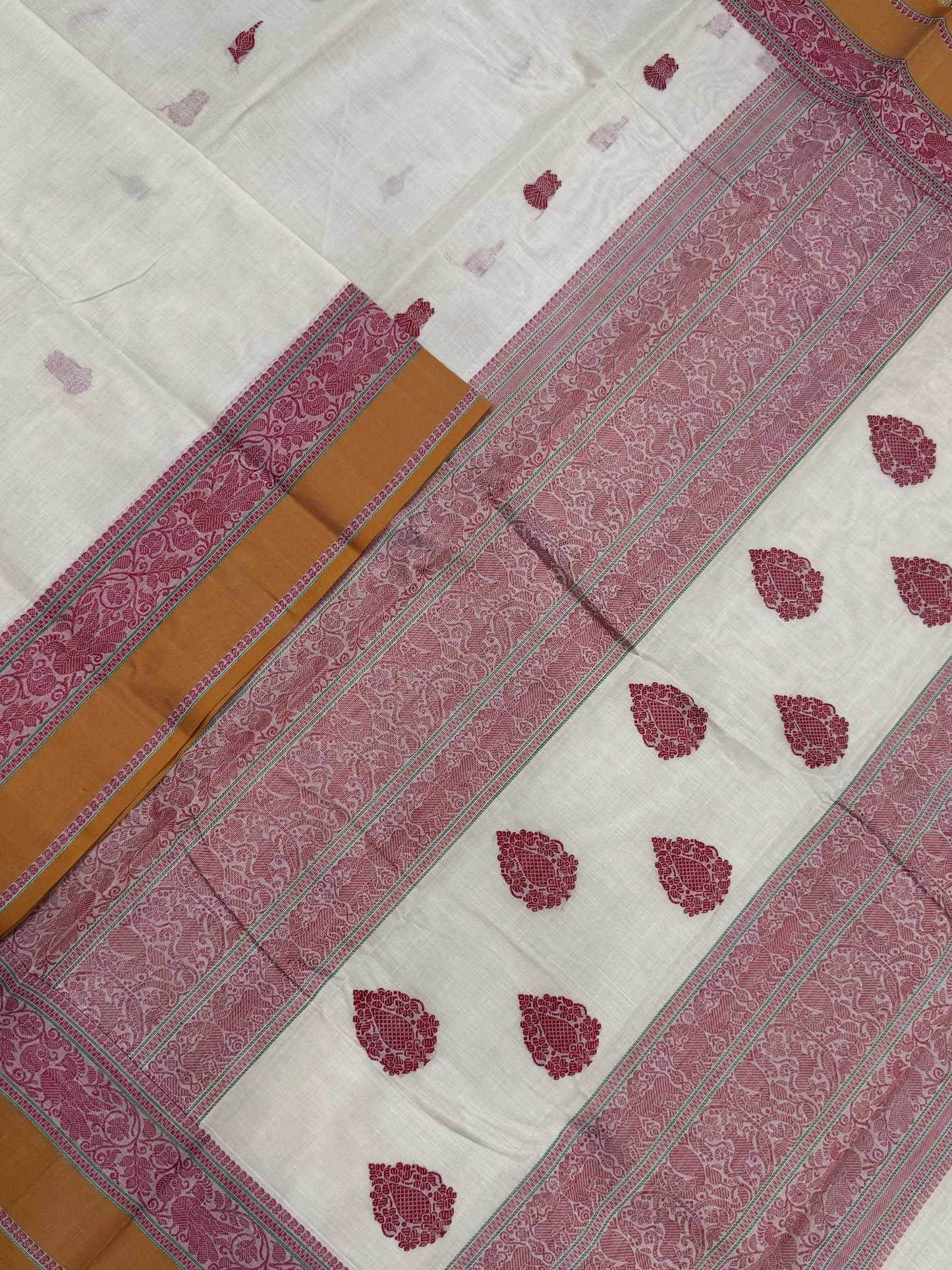 Pure Handloom Kanchi rich Cotton Saree | thread border X  eruthalapakshi butta| half white X red X mustard | intricate thread woven Pallu