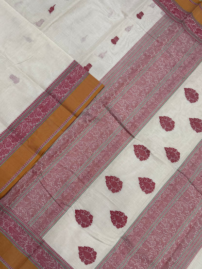 Pure Handloom Kanchi rich Cotton Saree | thread border X  eruthalapakshi butta| half white X red X mustard | intricate thread woven Pallu