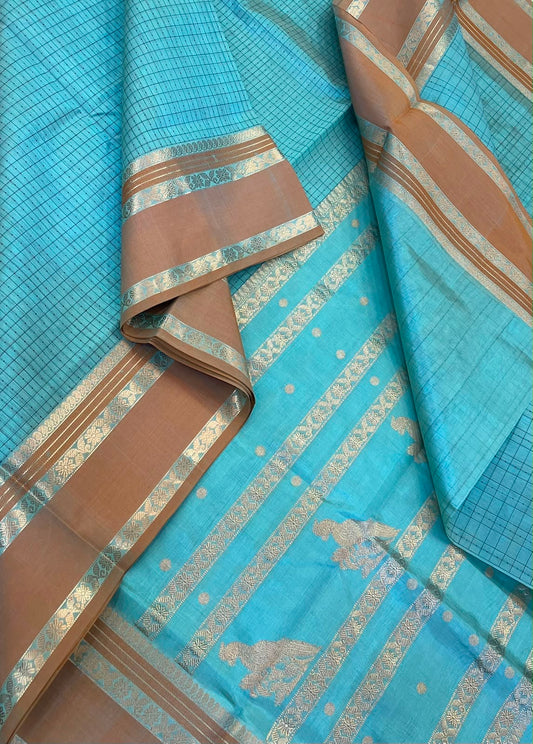 Kanchi Silk Cotton Sarees | 1000 butta  X rich zari killi pallu X zari rettaipet border | sky blue X mustard