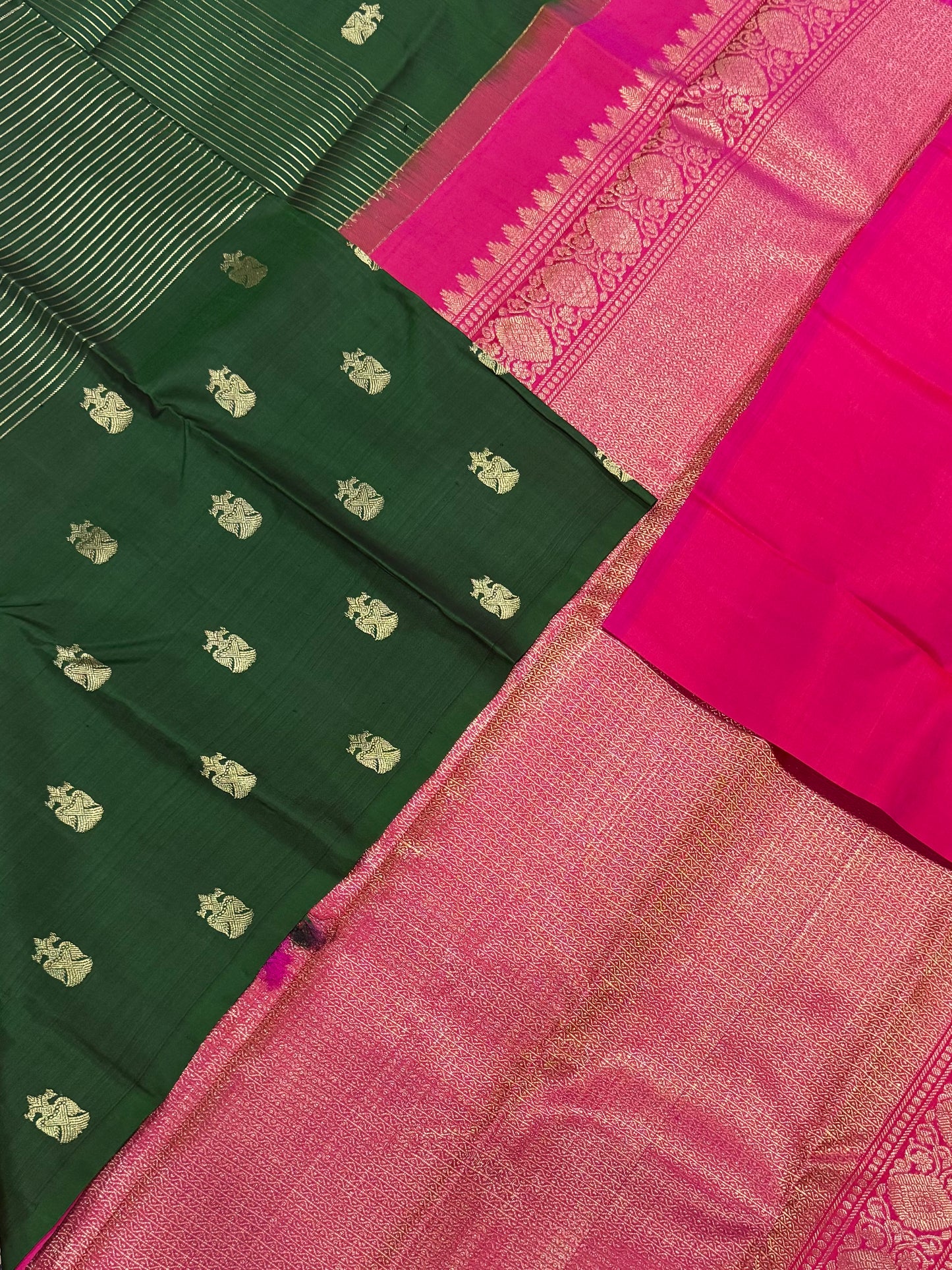 Pure Kanjivarams | bottle green X hot pink | veldhari X eruthalapakshi muppagam | Handwoven luxury x 4 ply |NKV90