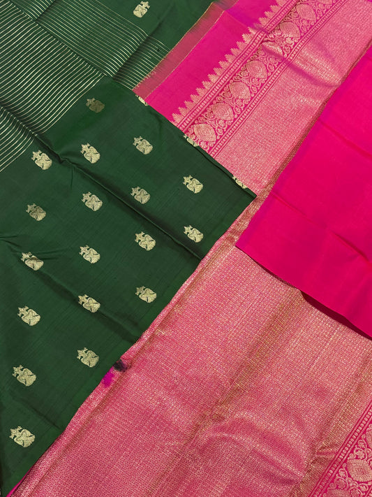 Pure Kanjivarams | bottle green X hot pink | veldhari X eruthalapakshi muppagam | Handwoven luxury x 4 ply |NKV90
