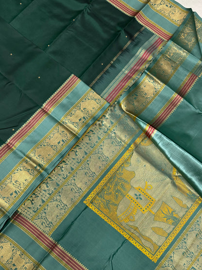 Pure Kanjivarams | zero zari | Rishaba kunjaram|green X teal green | Handwoven luxury x 4 ply master weave | NKV35