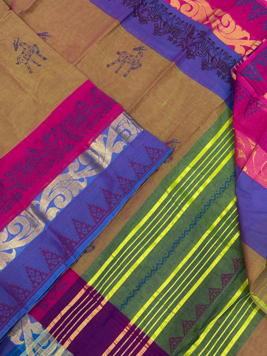 Kanchi soft cotton | block print x Zari woven border | twotone X green X violet