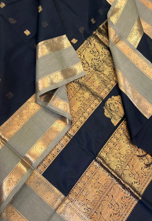 Kanchi Silk Cotton Sarees | zari rettaipet border x tiny mayil Yaanai motif X rich pallu | black X pastel teal