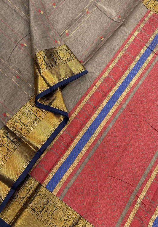 Kanchi soft cotton | grey x rich thread pallu | kanchipuram zari border