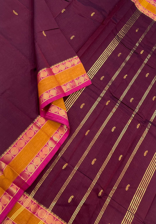 Kanchi mercerised soft cotton |rich zari rudhraksham border x mango butta| aaraku x manjal | MC10