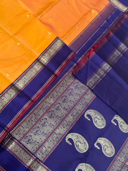 Pure Kanjivarams | manjal X violet | Zari rettaipetborder  X mango pallu | master weave 4ply