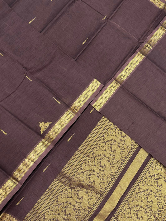Pure Handloom Kanchi rich Cotton Saree | tiny Zari border X  rettai mayil butta| brown | intricate Zari woven Pallu