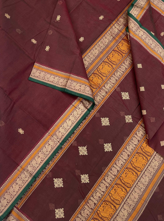 Kanchi handloom rich cotton |tiny BUTTA X thread Annam border | brick aaraku x green | kolam blouse