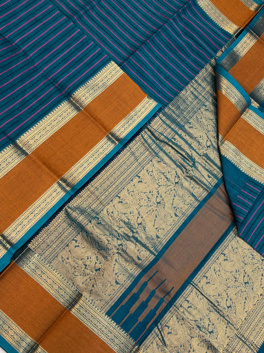 Pure Handloom Kanchi rich Cotton Saree | rettaipet Zari border X veldhari motif |blue x mustard