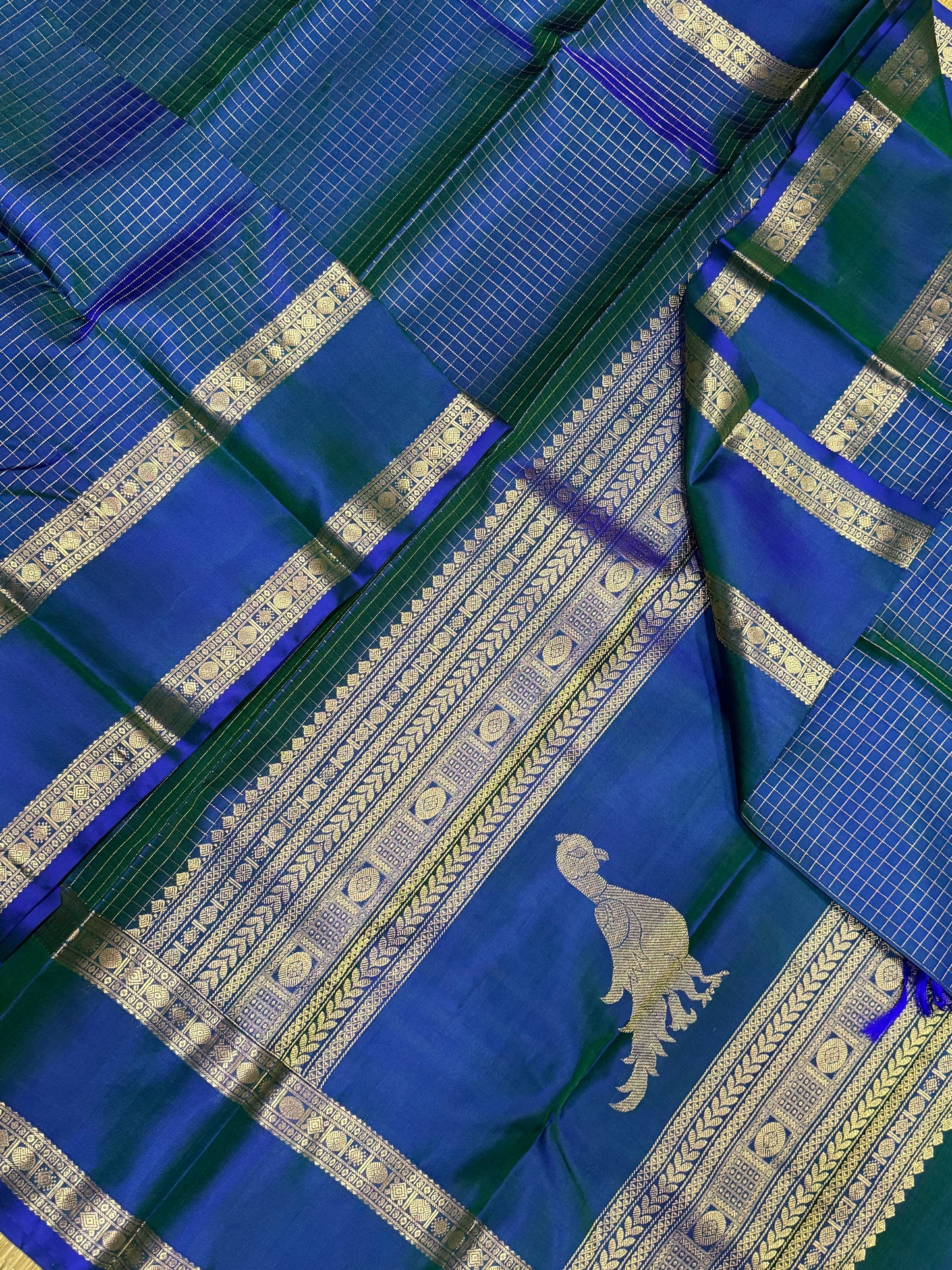 Pure Kanjivarams | kattam x killi palli x twotone peacock blue | Handwoven luxury x 4 ply | NKV45