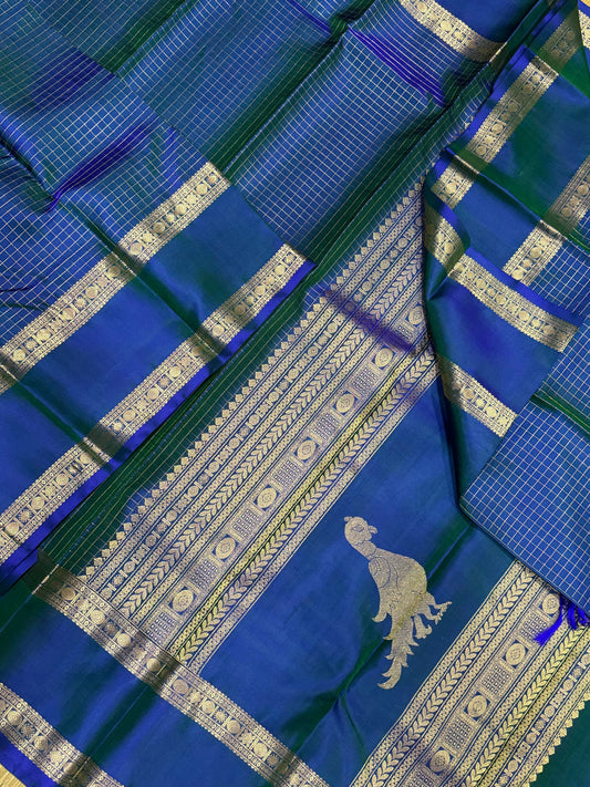 Pure Kanjivarams | kattam x killi palli x twotone peacock blue | Handwoven luxury x 4 ply | NKV45