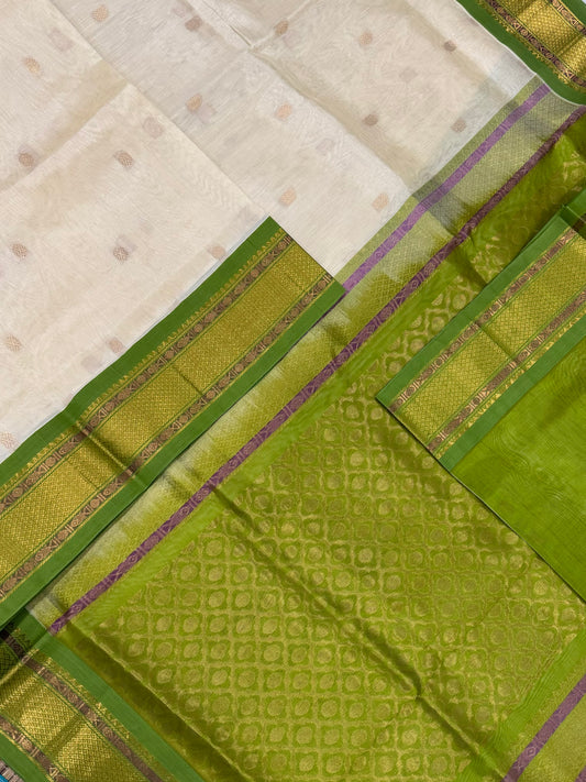 Korvai Kanchi Silk Cotton Sarees | cream x green | NKV31