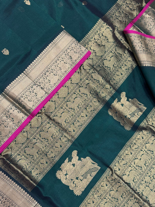 Kanchi Silk Cotton Sarees | eruthalapakshi tiny motif green X Veera Shivaji pallu | green X pink X gold