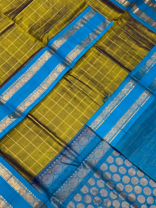 Kanchi korvai Silk Cotton Sarees | light green X blue |rettaipet Zari border x kattam