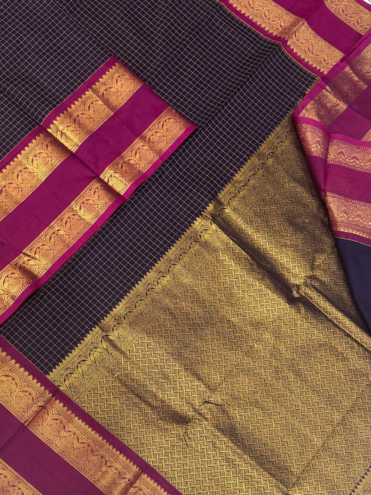 Kanchi soft cotton | thread podi kattam X Zari eruthalapakshi rettaipet border | navy blue X pink