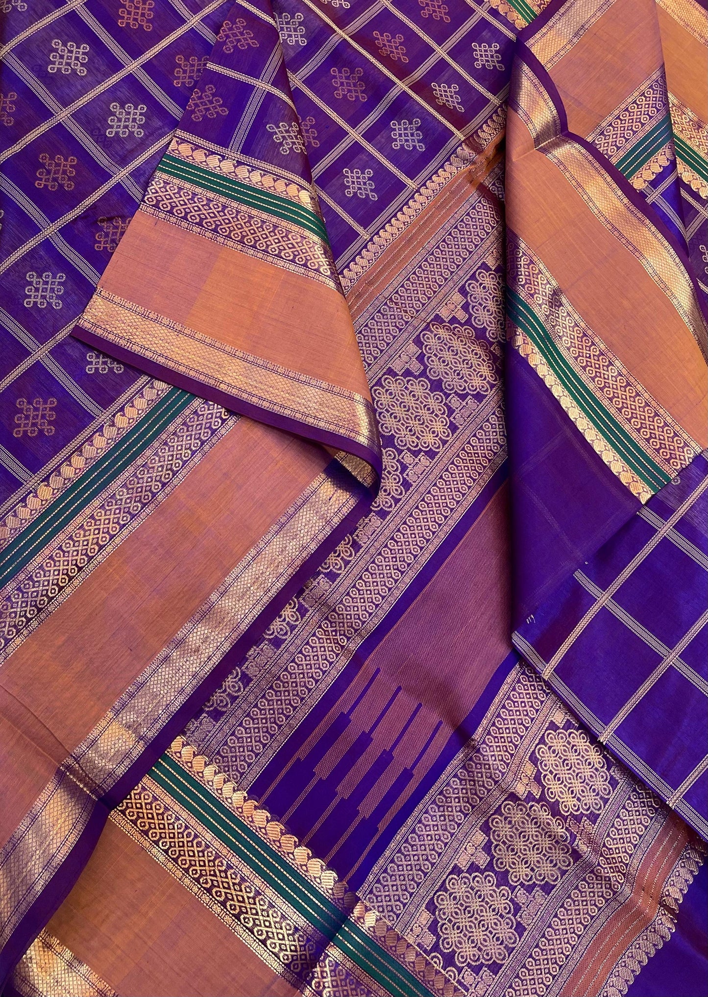 Kanchi Silk Cotton Sarees | 1000 kolam butta x zari rettaipet border |  electric violet X orange x NKV31