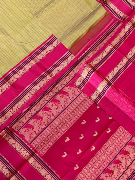 Pure Kanjivarams | korvai zero zari | kattam X tiny mayil pallu |pista green x rose pink | Handwoven luxury x 4 ply master weave | NKV35