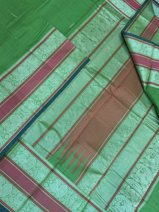 Pure Handloom Kanchi rich Cotton Saree | malli moggu motif  X thread woven pallu | light green X orange