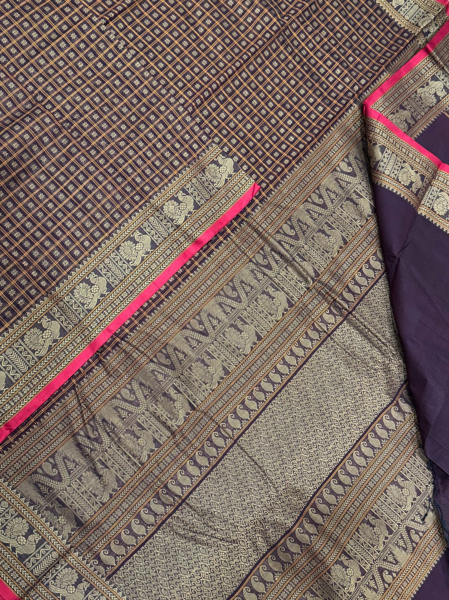 Pure Handloom Kanchi rich Cotton Saree | thread woven X  1000 BUTTA |chocolate brown X red | intricate rich thread woven Pallu & borders