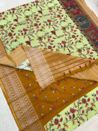 Ponduru soft Cotton silk | storytelling saree X floral| green X mustard |NKV27