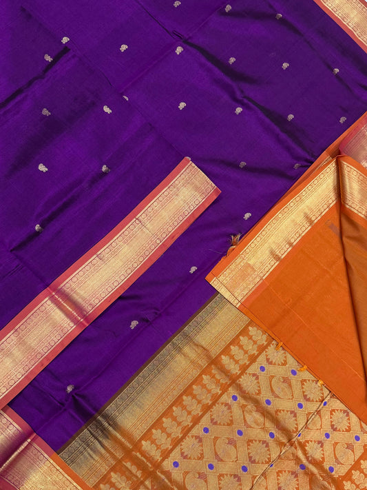 Kanchi Silk Cotton Sarees | rich zari border X tiny motif| violet X orange