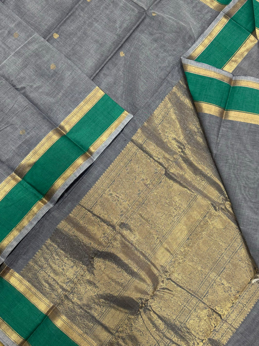 Kanchi handloom rich cotton |tiny Zari motif X rettaipet Zari border | pastel grey x cyan blue