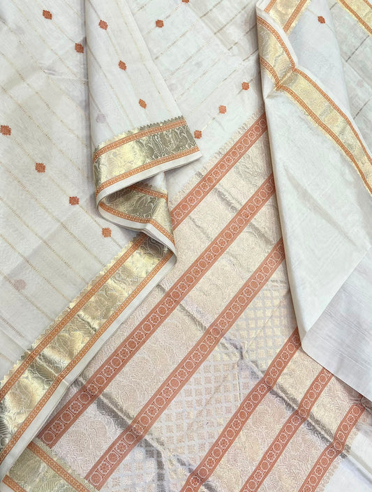 Kanchi Silk Cotton Sarees | vertical veldhari motif X  zari | cream X mustard X gold