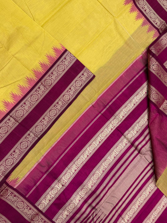 Pure Handloom Kanchi rich Cotton Saree | cotton body X silk border | yellow x burgandy | rettaipet temple border | NKV12