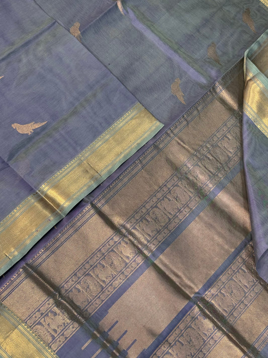 Kanchi Silk Cotton Sarees | killi motifs | pastel teal X blue x gold