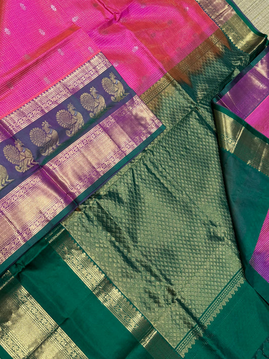 Kanchi Silk Cotton Sarees | luxury silk cotton | pink X green border | Zari muthukattam