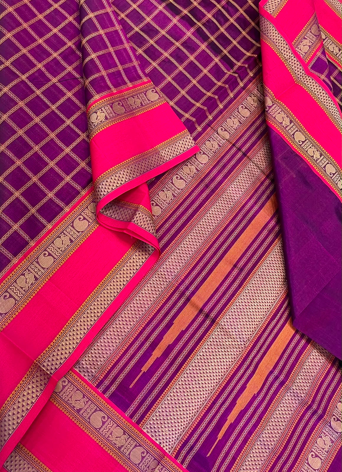 Kanchi Silk Cotton Sarees | silk cotton | thread woven neli kattam X rettaipet border |  violet X pink