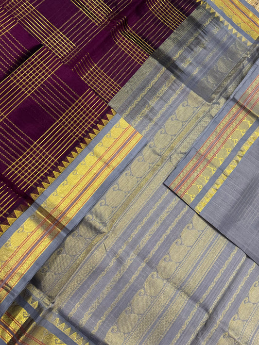 Korvai Kanchi Silk Cotton Sarees | wine x grey | 2x2 kattam X Zari | NKV31