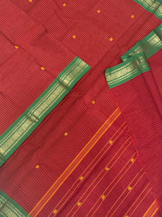 Kanchi soft cotton | red X green  |  tiny zari border x kattam