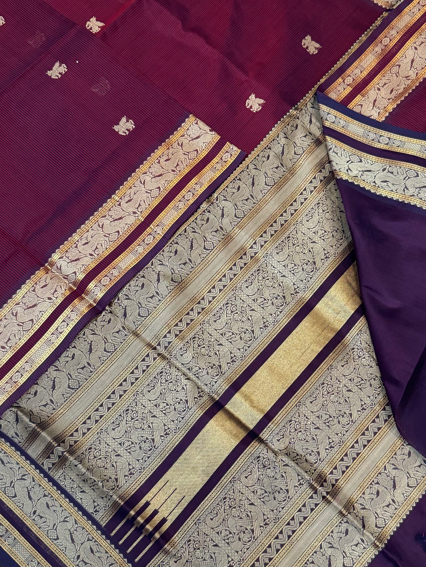 Kanchi Silk Cotton Sarees | unicorn motif X thread woven border | marron X arraku