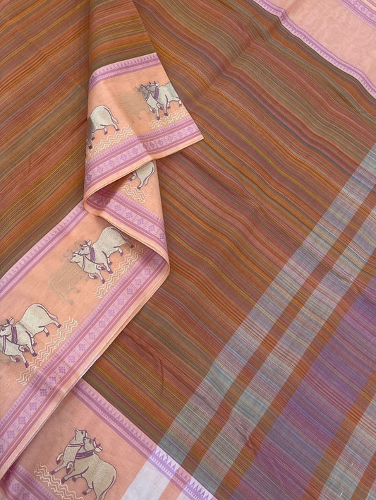 Kadhi soft Cotton | multicolor x orange pink | pichwai embroidery thread border