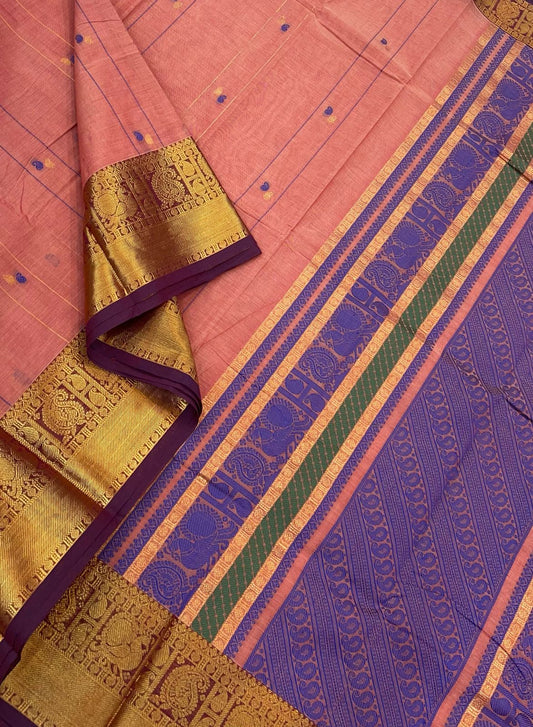 Kanchi soft cotton | peach x rich thread pallu | kanchipuram zari border
