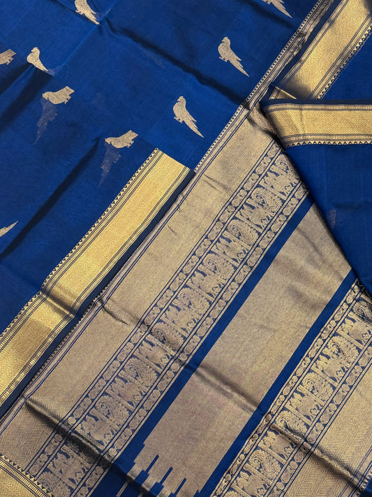 Kanchi Silk Cotton Sarees | killi motifs | cobalt blue x gold