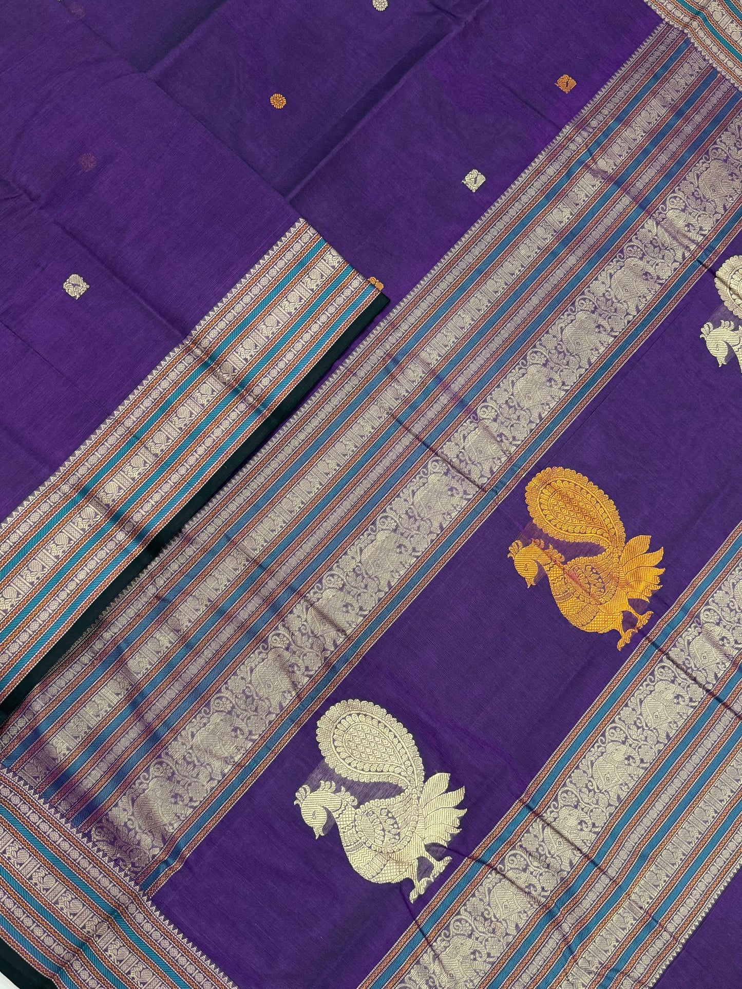 Pure Handloom Kanchi rich Cotton Saree | thread border X  mayil pallu| violet X cream | intricate thread woven Pallu