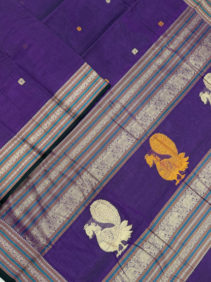 Pure Handloom Kanchi rich Cotton Saree | thread border X  mayil pallu| violet X cream | intricate thread woven Pallu