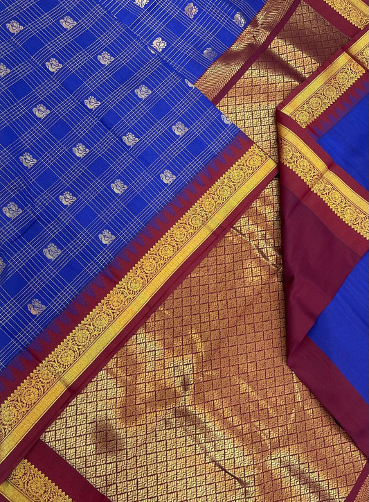 Semi Silk soft Cotton Sarees | kattam x tiny zari border | royal blue X aaraku X gold | NKV11