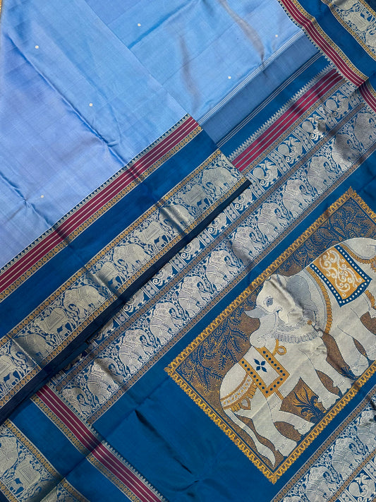 Pure Kanjivarams | zero zari | Rishaba kunjaram|pastel blue X blue | Handwoven luxury x 4 ply master weave | NKV35