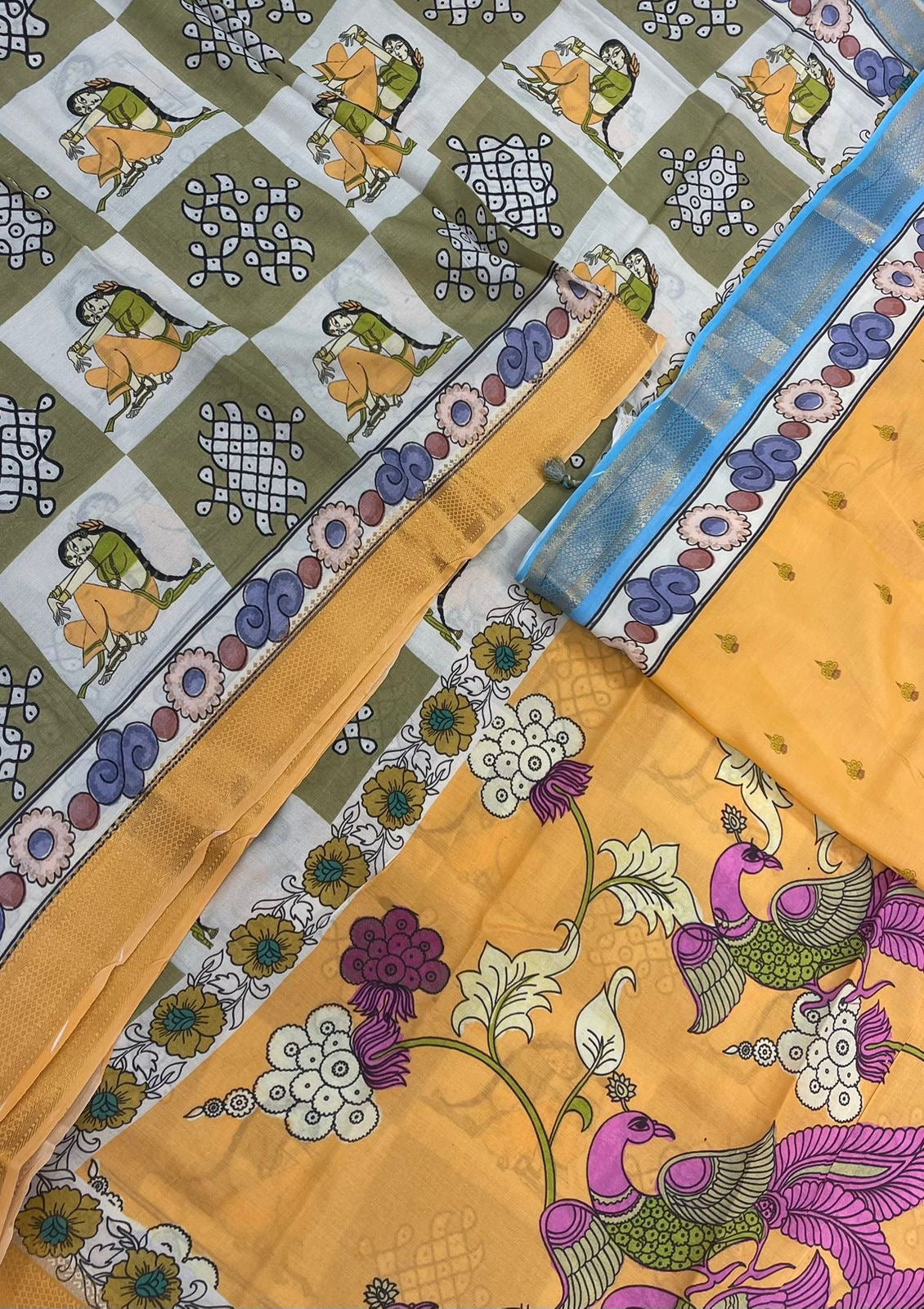 Ponduru soft Chanderi silk | storytelling saree x kolam x nizam border| earth green x yellow | NKV27