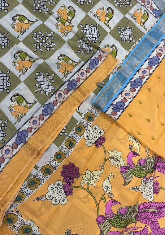 Ponduru soft Chanderi silk | storytelling saree x kolam x nizam border| earth green x yellow | NKV27
