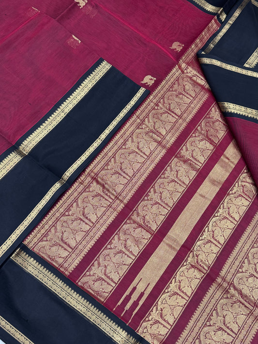 Kanchi Silk Cotton Sarees | rich reddish marron x black rettaipet border | yhazli motif