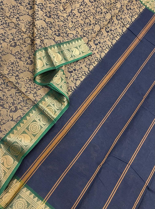 Kanchi soft cotton | navy blue X green | vanasingaram X Zari border